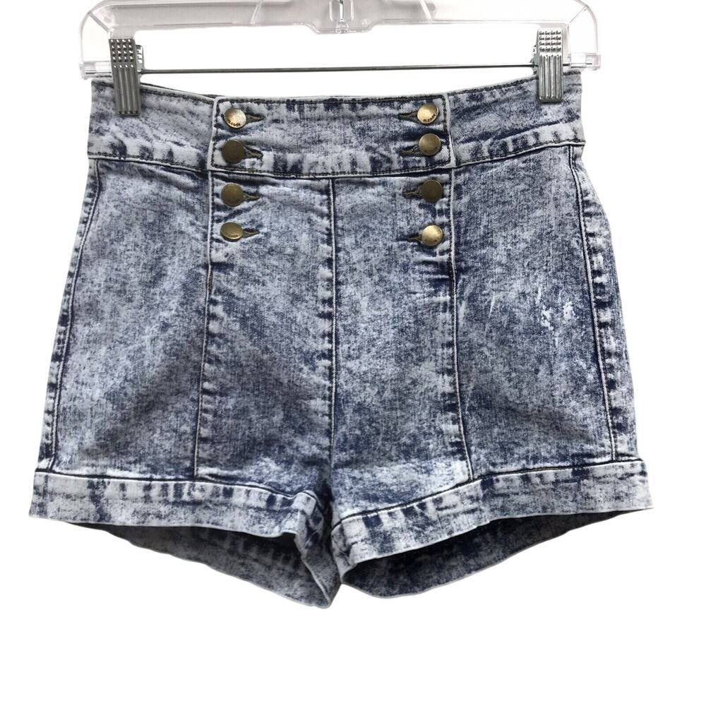 Mind Code Shorts Womens Small Denim Sailor Button Acid Wash Blue White